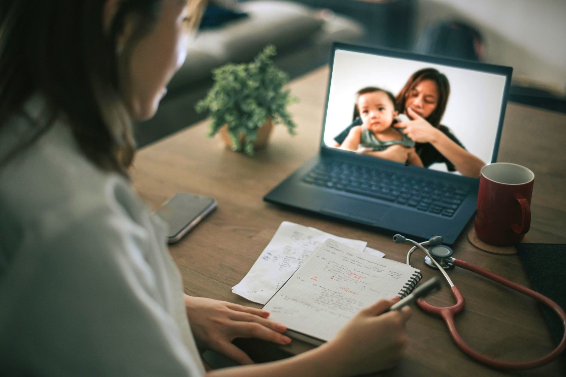 Medial provider watching screen with mother and infant patient